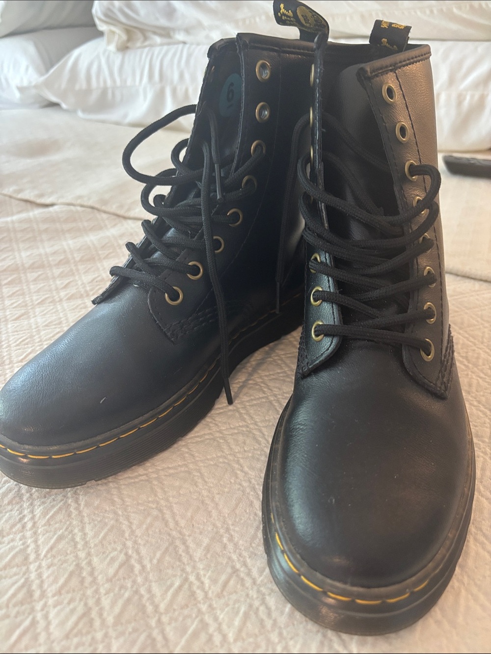Dr. Martens Black Vegan Leather Lace-Up Combat Boots with Yellow Stitching NWOT